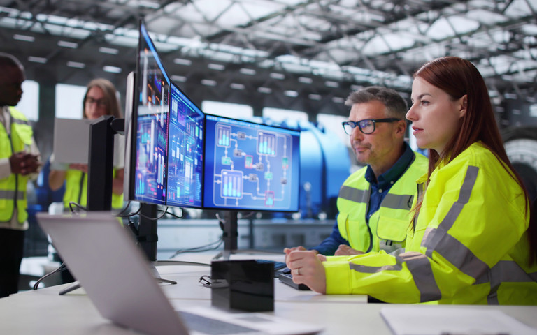 Ein konzentriertes Fachkräfteteam beobachtet an mehreren Monitoren die Produktionsprozesse eines Industrieunternehmens.