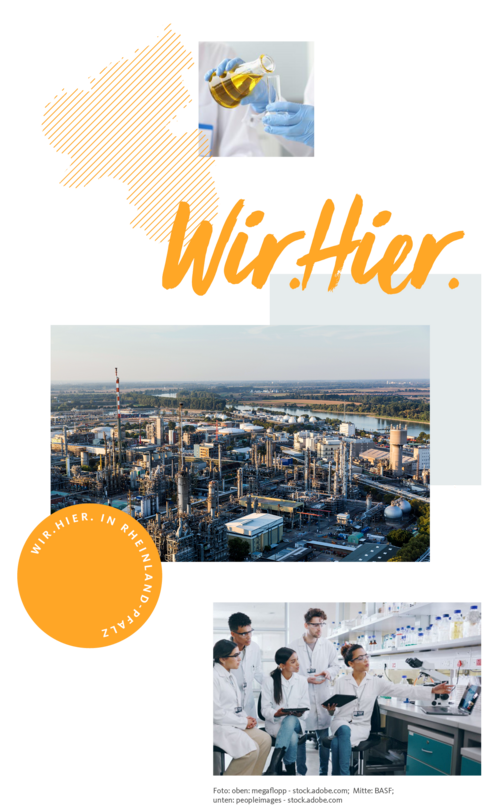 Um eine stilisierte Karte des Bundeslandes Rheinland-Pfalz herum befinden sich Fotoansichten der Chemieindustrie: eine Labor-Nahaufnahme mit Laborgläsern, eine Luftaufnahme des Chemieunternehmens BASF sowie eine Teamarbeitssituation in einem Forschungs- und Entwicklungsraum.