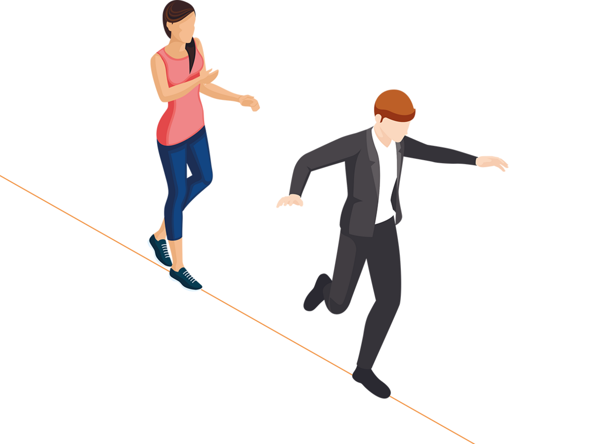 Cartoon: Ein Mann und eine Frau balancieren über ein Seil