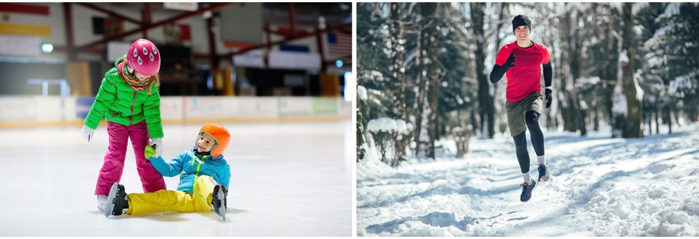 Neues wagen, Gewohntes beibehalten: Gut geschützt, lernen Kinder schnell, sich sicher auf dem Eis zu bewegen. Beim Joggen im Winter kommt es unter anderem auf gutes Aufwärmen an. Fotos: stock.adobe.com/famveldman; stock.adobe.com/Mediteraneo