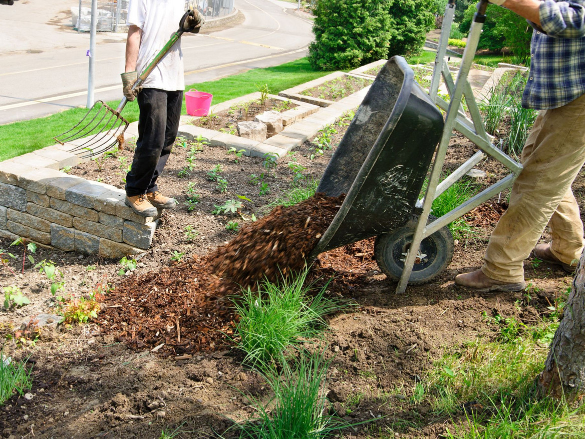 Zwei männliche Personen mit Laubgabel und Schubkarre bei der Gartenarbeit im Frühling.