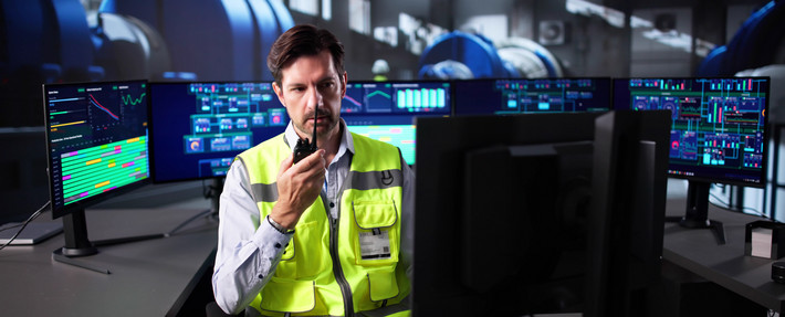 Ingenieur mit Funkgerät in der Leitzentrale eines Produktonsbetriebes: Er spricht und blickt konzentriert auf die Monitore.