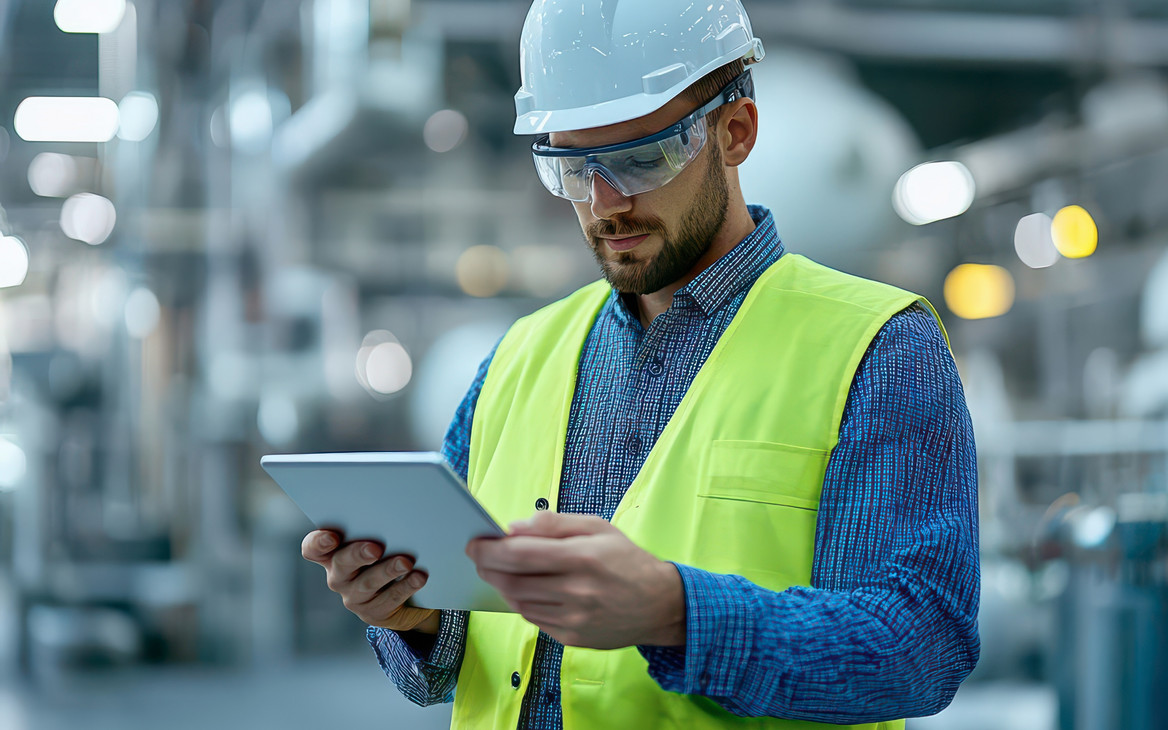 Ein Mann mit Schutzhelm und Warnweste steht vor Industrieanlagen und schaut auf ein Tablet in seinen Händen.