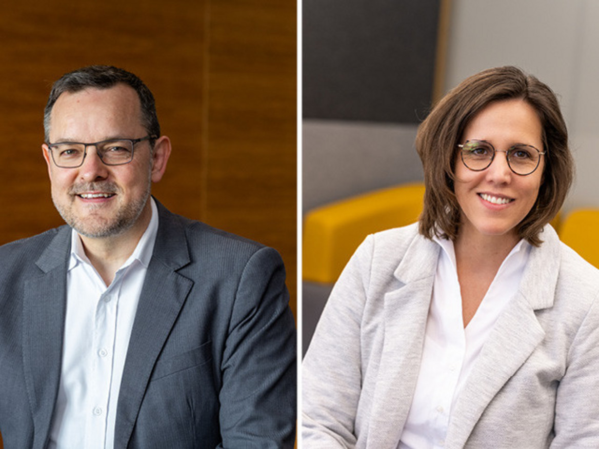 Porträts von Martin Hess, Leiter der University und globaler Chief Learning Officer bei Boehringer und der Mitarbeiterin Britta Ries.