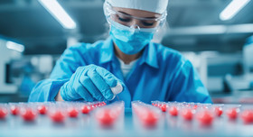 Eine Mitarbeiterin eines Pharma-Herstellers verpackt Arzneimittel. 