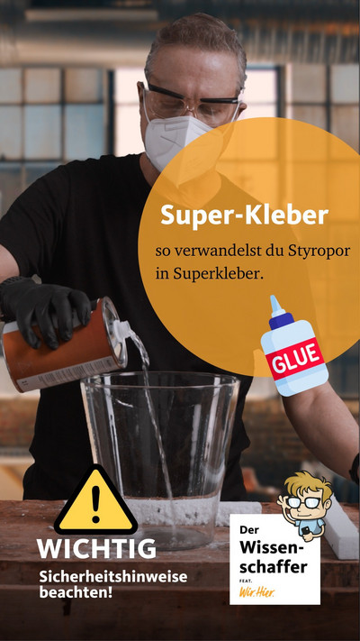 Aus Alltagsmaterialien mal eben Superkleber machen... Wenn Aceton auf Styropor trifft, passiert ein verblüffender chemischer Prozess und übrig bleibt ein extrem starker Kleber! Schau dir an, wie’s funktioniert und, was Chemie alles kann!