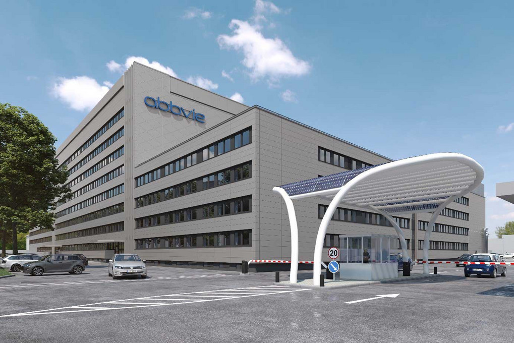 Das Herstellungs- und Distributionsgebäude soll bald in neuem Glanz erstrahlen. Animation: AbbVie