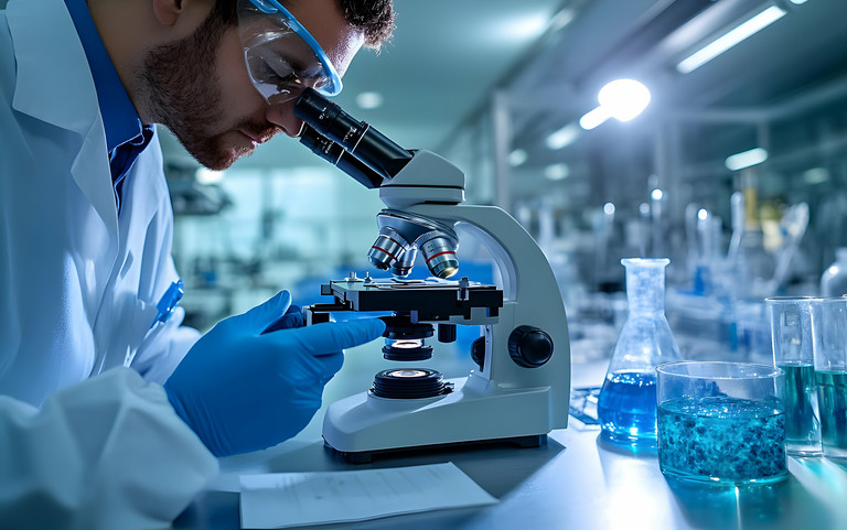 Ein Labormitarbeiter der chemischen Industrie bei der Arbeit. 