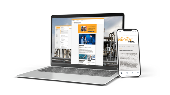 Der monatliche Newsletter für Fach- und Führungskräfte der Chemie- und Pharmaindustrie in Rheinland-Pfalz, Wir.Hier.news., in der Desktop- und mobilen Ansicht.