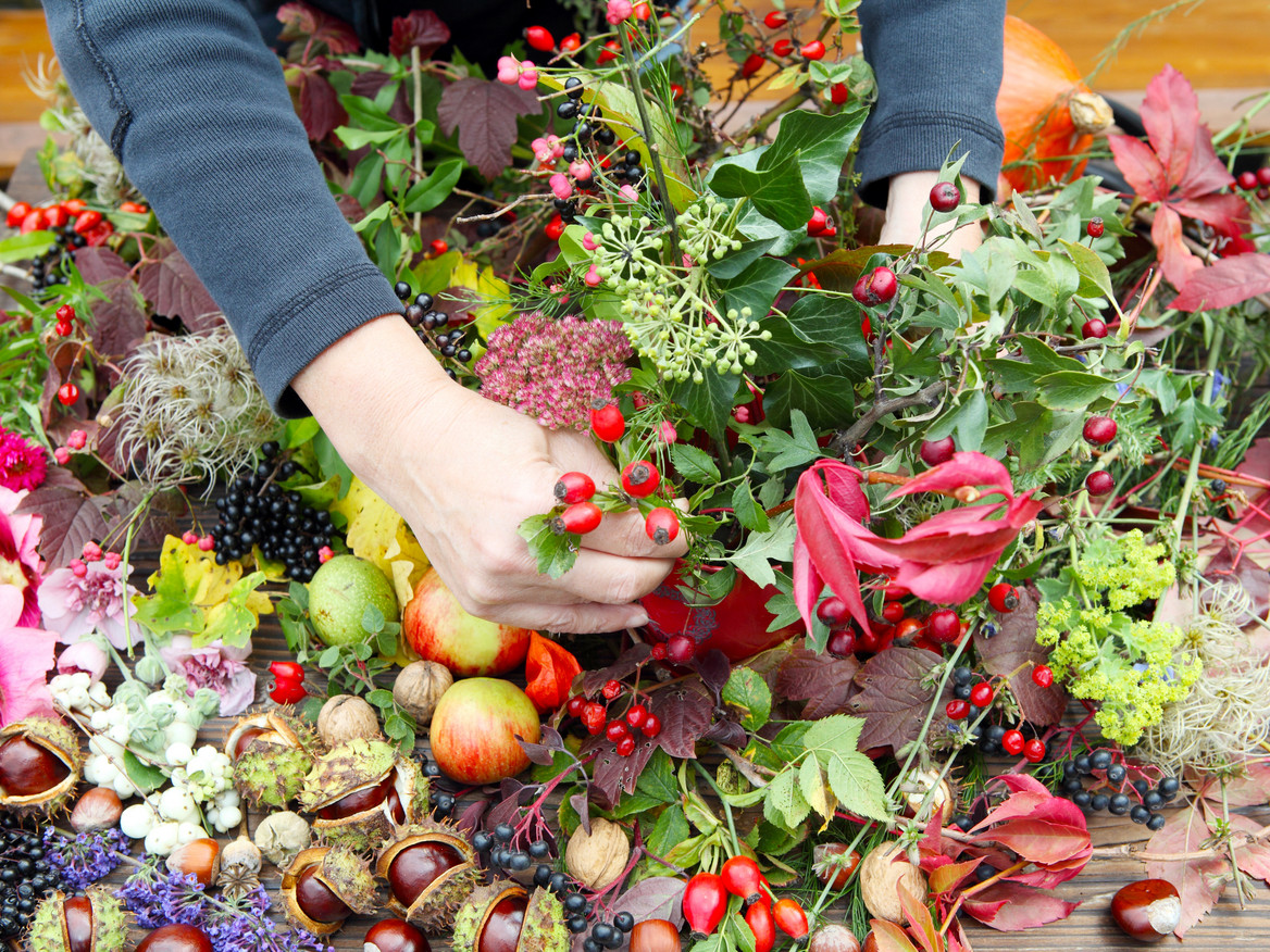 Floristin erstellt aus Weinlaub, Kastanien und Hagebutten ein farbenfrohes Gesteck.