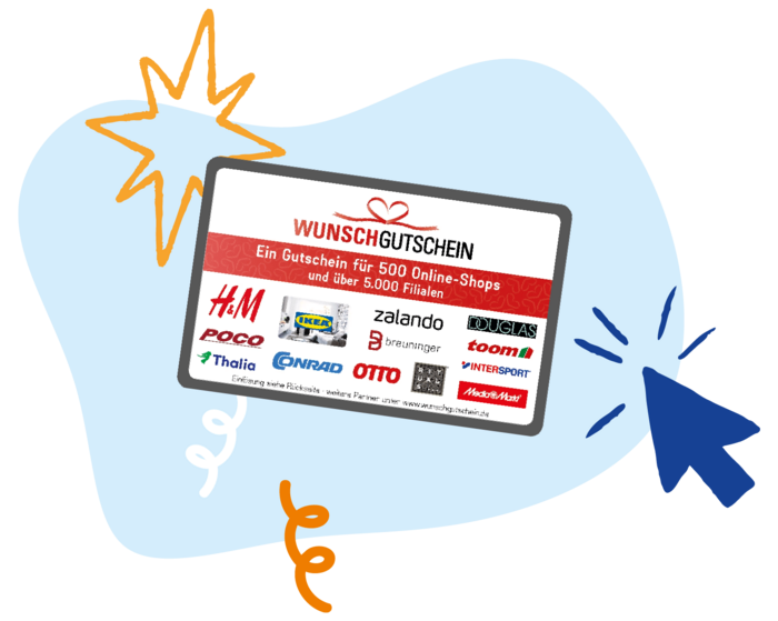 Ein Wunschgutschein, mit dem man in Hunderten von Online- und stationären Geschäften einkaufen kann, steht im Fokus des Bildes. Ein Pfeil, Luftschlangen und ein Stern umranden den Gutschein und schaffen zusätzliche Aufmerksamkeit.
