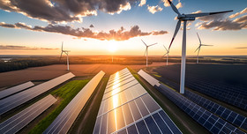 Auf einem Feld stehen Windräder und Photovoltaik-Anlagen