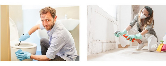 Ein junger Mann reinigt seine Toilette. Eine junge Frau rückt dem Schimmel unter dem Wohnungsfenster zu Leibe.