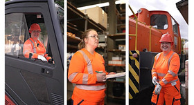 Linkes Bild: Logistikfachfrau Kathleen Knecht steuert den Gabelstapler. Bild in der Mitte: Sie stellt vor einem Regal mit einer Liste in der Hand Material aus dem Lager zusammen. Bild rechts: Sie steht lachend vor der betriebseigenen Lok des Unternehmens. 
