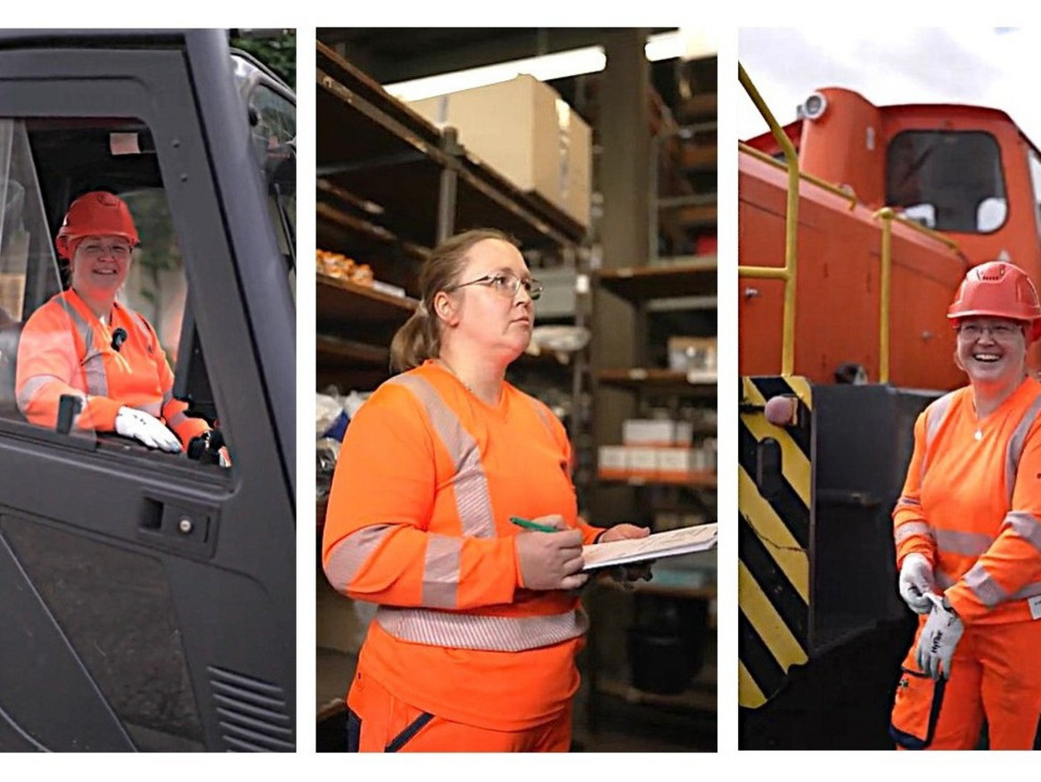 Linkes Bild: Logistikfachfrau Kathleen Knecht steuert den Gabelstapler. Bild in der Mitte: Sie stellt vor einem Regal mit einer Liste in der Hand Material aus dem Lager zusammen. Bild rechts: Sie steht lachend vor der betriebseigenen Lok des Unternehmens. 