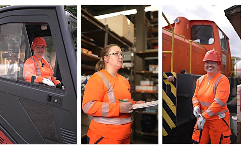 Linkes Bild: Logistikfachfrau Kathleen Knecht steuert den Gabelstapler. Bild in der Mitte: Sie stellt vor einem Regal mit einer Liste in der Hand Material aus dem Lager zusammen. Bild rechts: Sie steht lachend vor der betriebseigenen Lok des Unternehmens. 