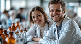 Zwei junge Menschen in weißen Kitteln in einem Labor lachen in die Kamera. Foto: YouraPechkin - stock.adobe.com