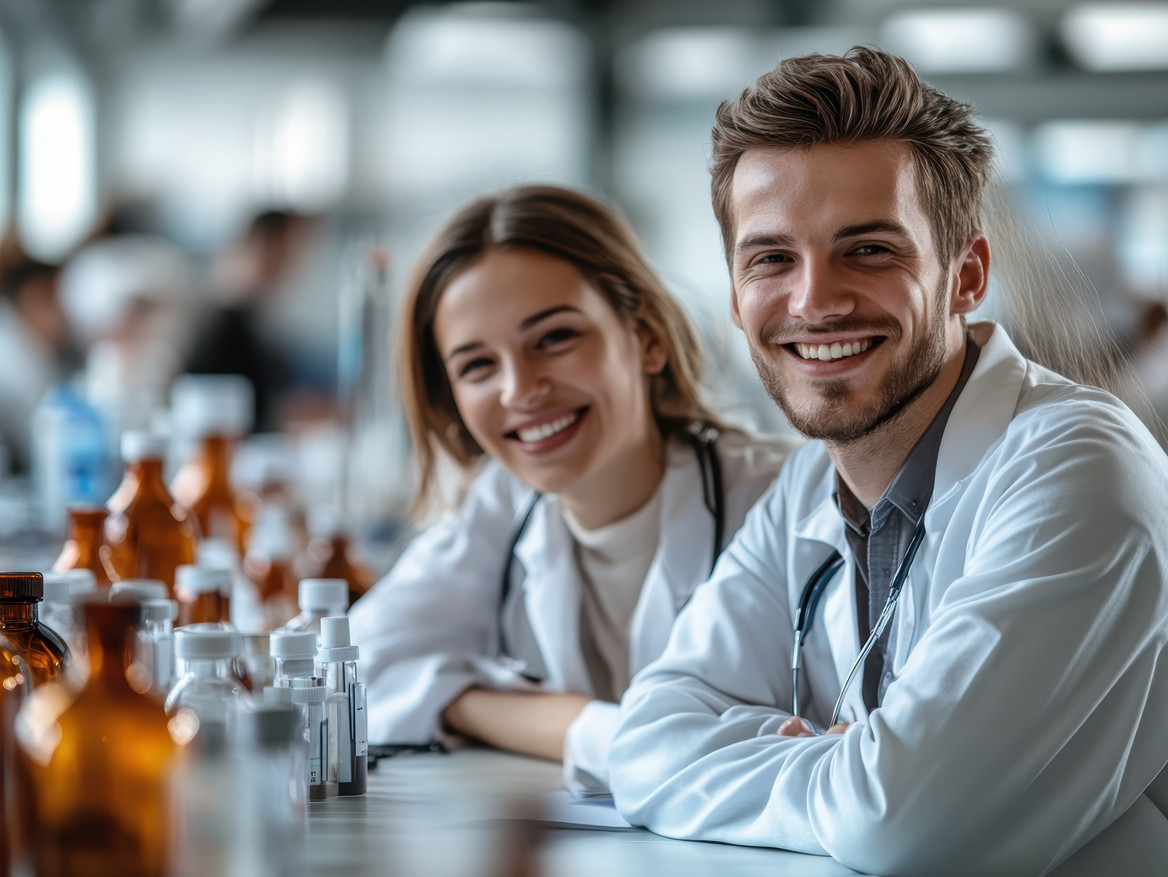 Zwei junge Menschen in weißen Kitteln in einem Labor lachen in die Kamera. Foto: YouraPechkin - stock.adobe.com