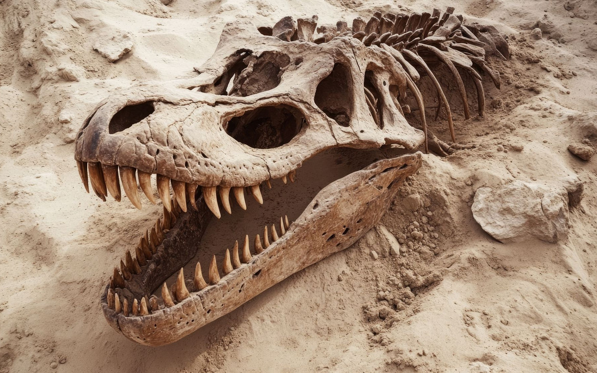 Fossiler Dinosaurierschädel mit eindrucksvollen Reißzähnen sowie mit Wirbel- und Rippenknochen im Sand.