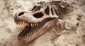 Fossiler Dinosaurierschädel mit eindrucksvollen Reißzähnen sowie mit Wirbel- und Rippenknochen im Sand.