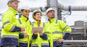 Ein vierköpfiges Fachkräfteteam in Sicherheitskleidung steht außen an einer Chemieanlage und blickt positiv-beobachtend in dieselbe Richtung.