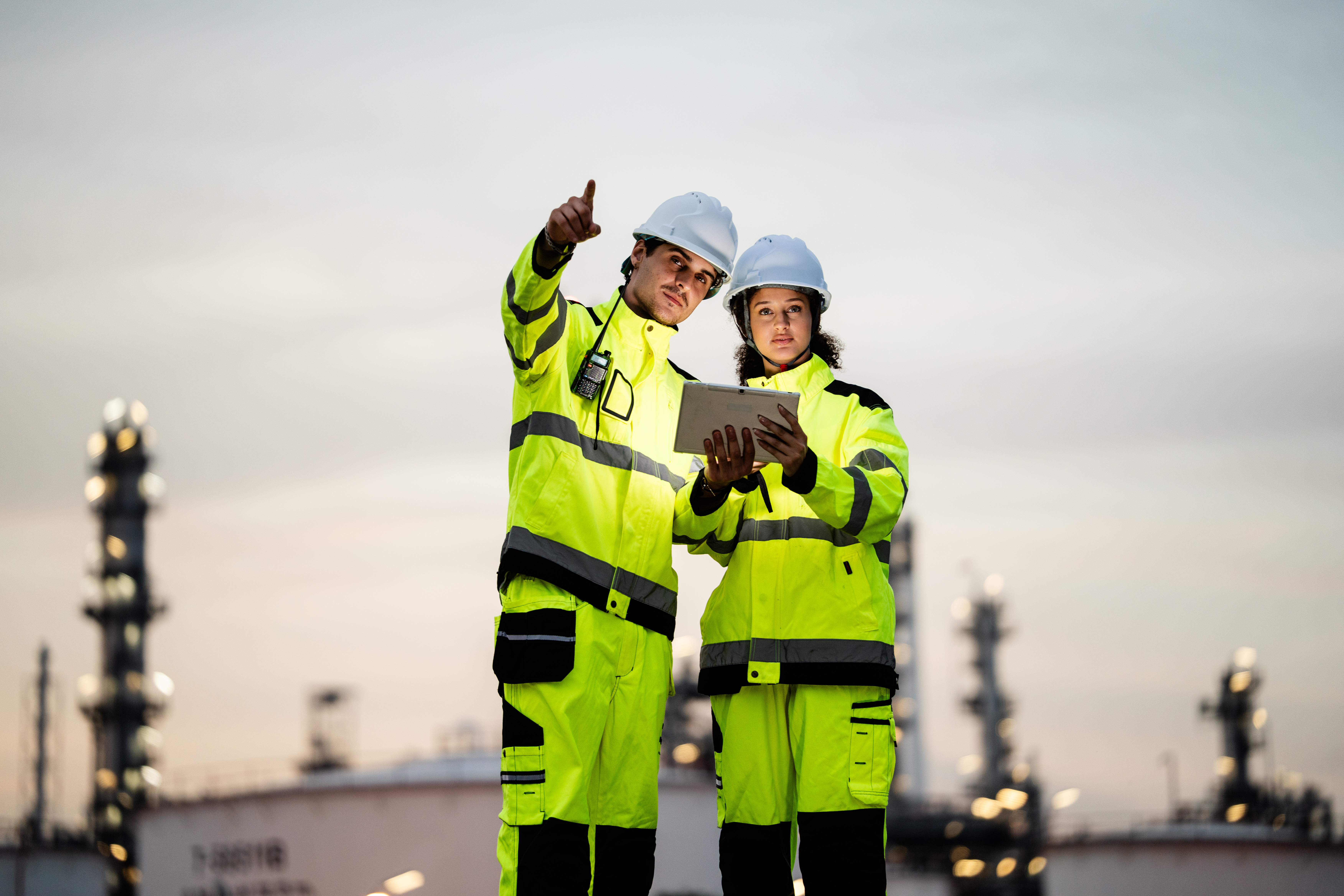 Zwei Chemiebeschäftigte stehen auf der Außenanlage ihres Betriebs und richten vor dämmerigem Hintergrund einen prüfenden Blick auf die Anlagen.