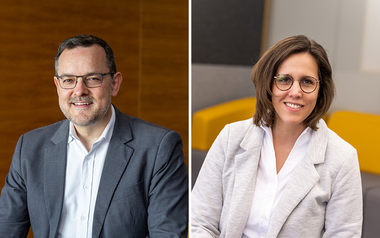 Porträts von Martin Hess, Leiter der University und globaler Chief Learning Officer bei Boehringer und der Mitarbeiterin Britta Ries.