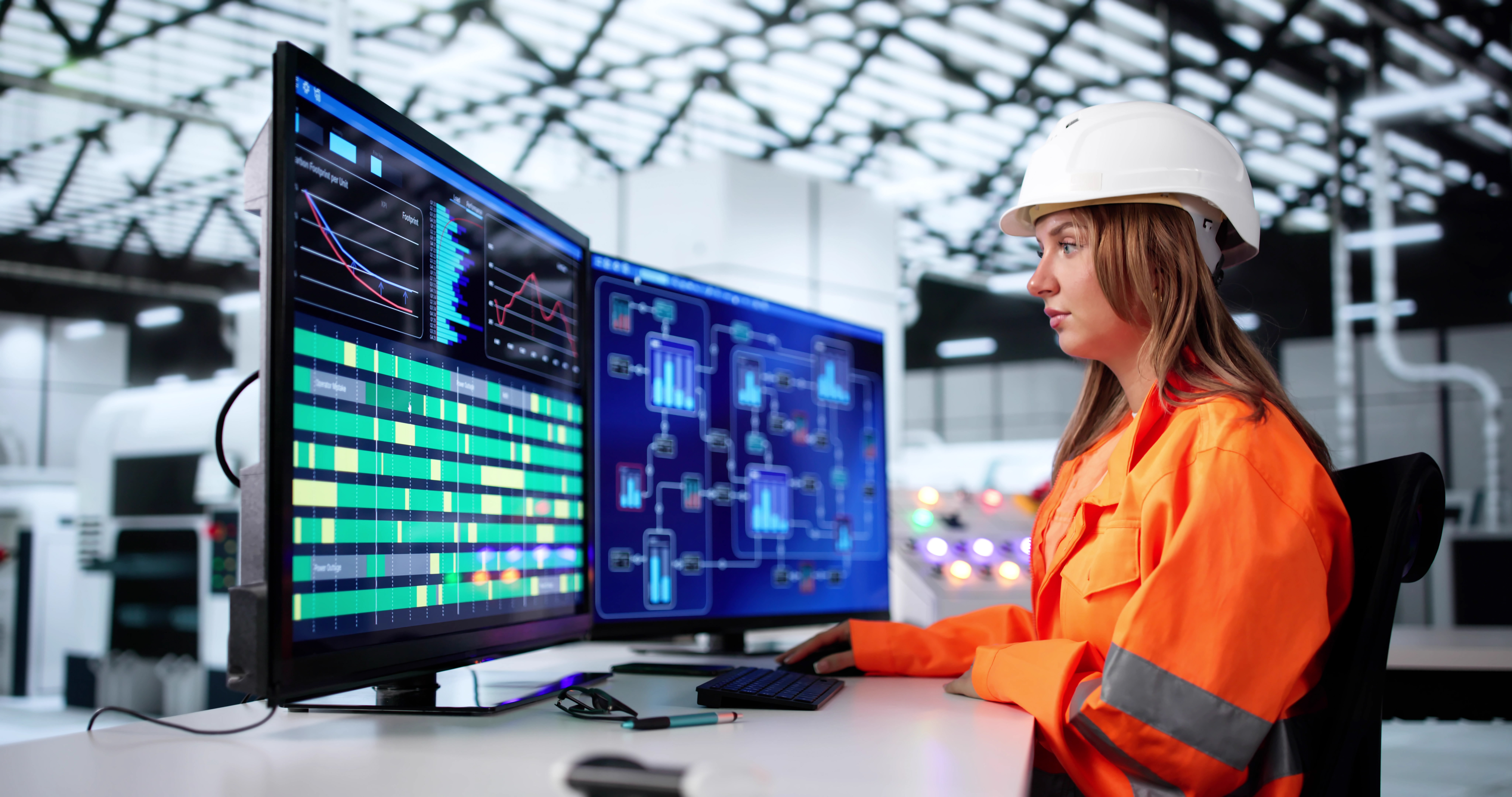 Ingenieurin beobachtet konzentriert an mehreren Monitoren die Steuerung eines Produktionsprozesses.