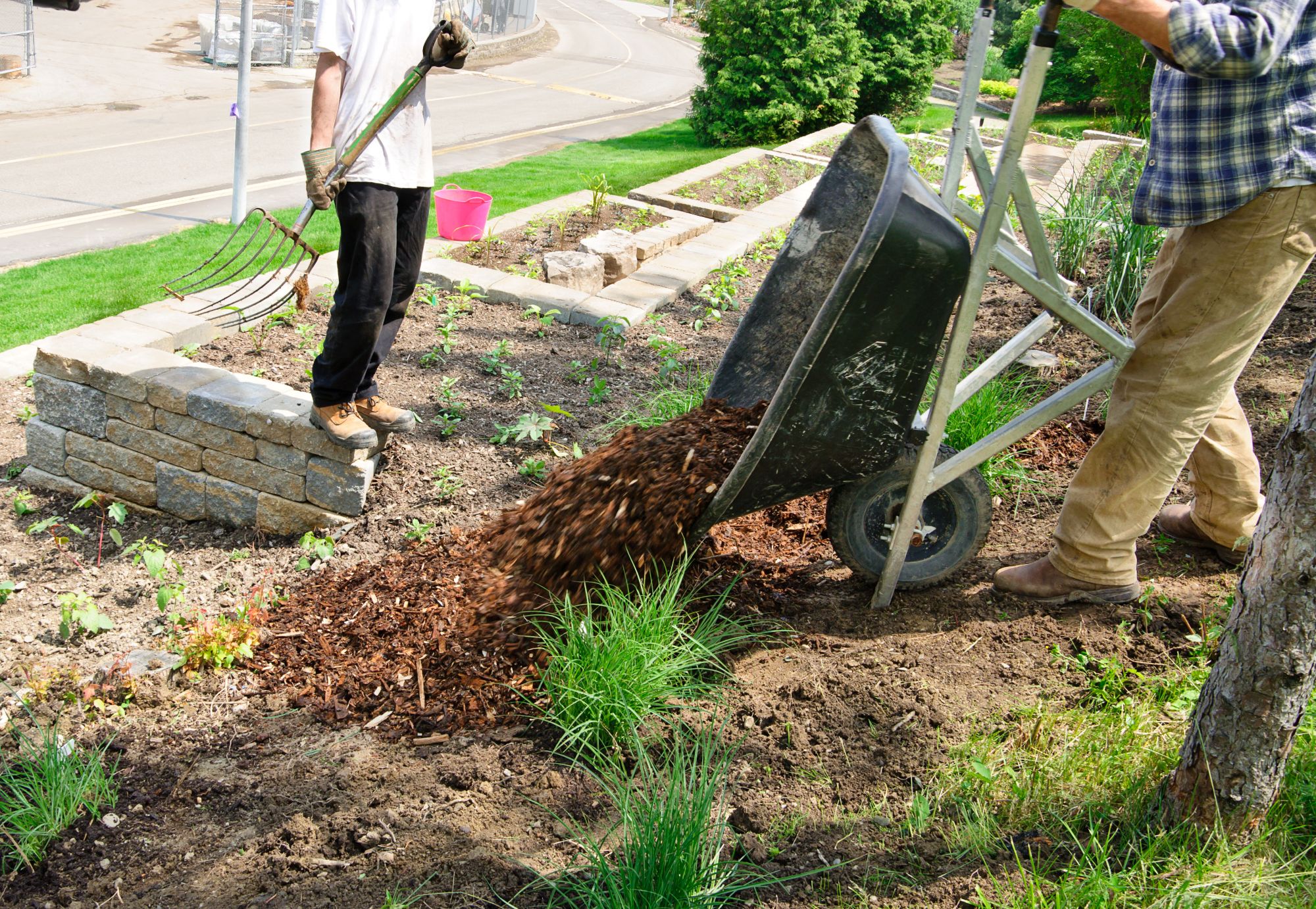 Zwei männliche Personen mit Laubgabel und Schubkarre bei der Gartenarbeit im Frühling.