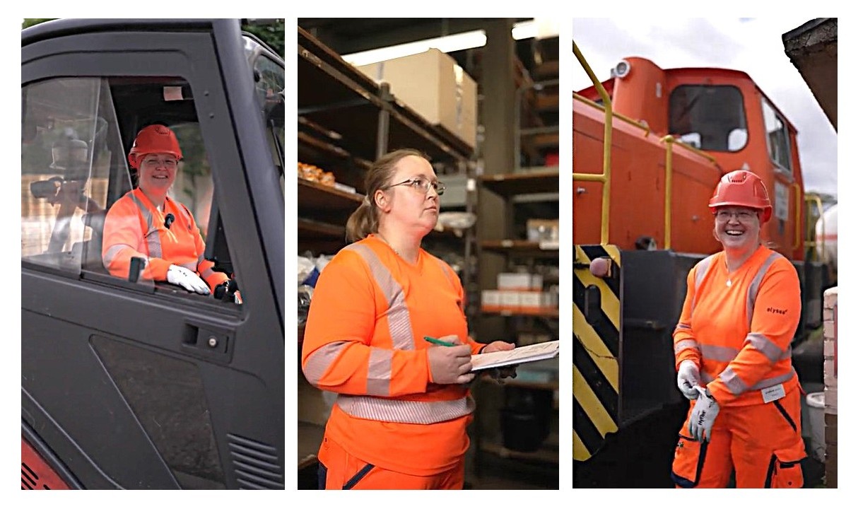 Linkes Bild: Logistikfachfrau Kathleen Knecht steuert den Gabelstapler. Bild in der Mitte: Sie stellt vor einem Regal mit einer Liste in der Hand Material aus dem Lager zusammen. Bild rechts: Sie steht lachend vor der betriebseigenen Lok des Unternehmens. 