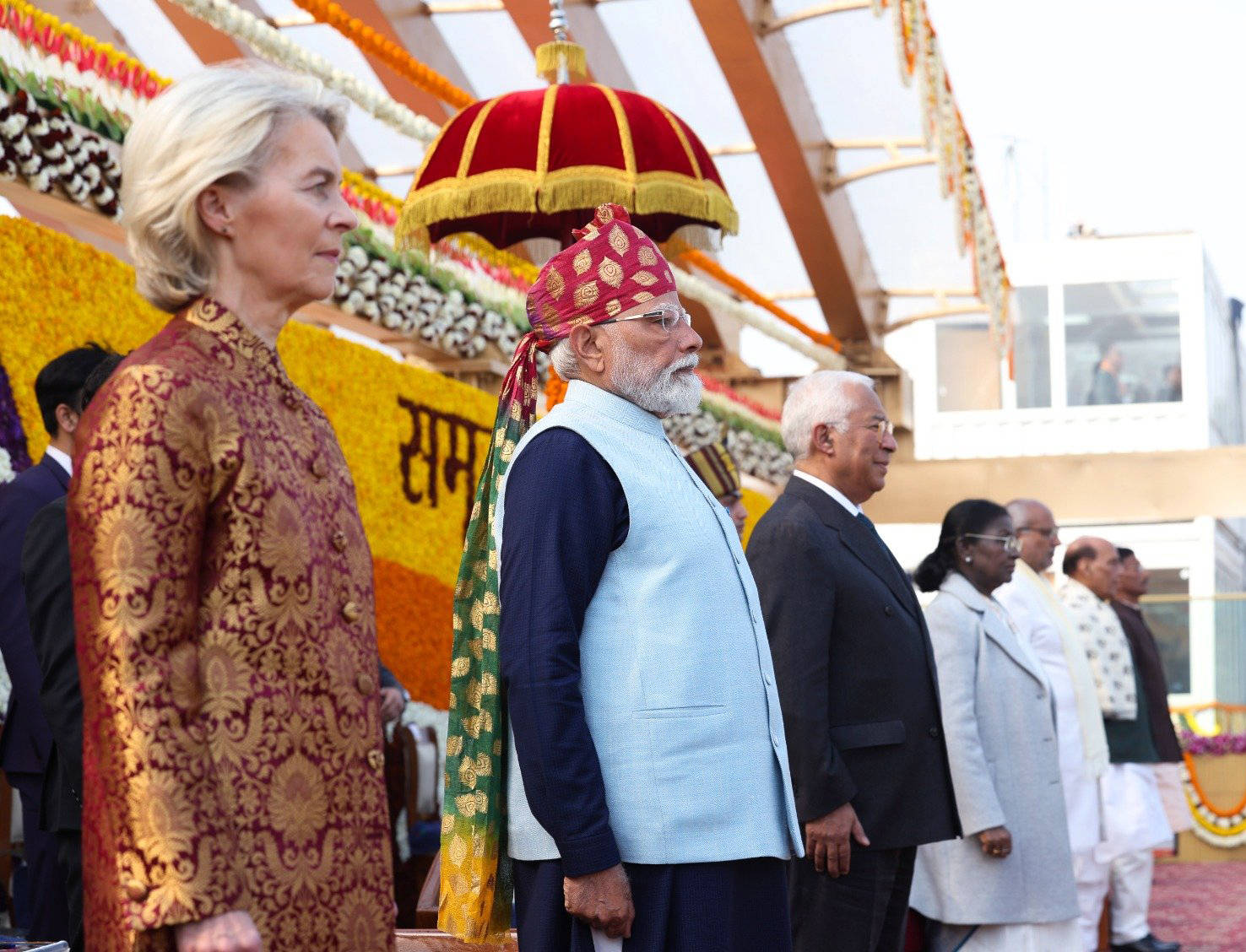 EU-Kommissionspräsidentin Ursula von der Leyen mit Indiens Premierminister Narendra Modi in Neu Delhi. Die Verhandlungen für das neue Handelsabkommen sind nun erfolgreich abgeschlossen. 